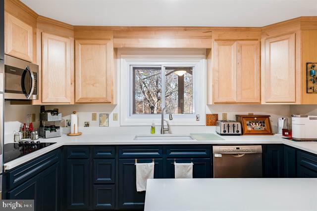 kitchen with stainless steel appliances, sink, and light brown cabinets