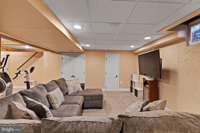 living room with a drop ceiling and carpet floors