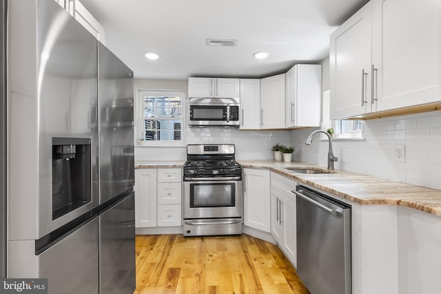 kitchen featuring white cabinetry, stainless steel appliances, backsplash, and sink