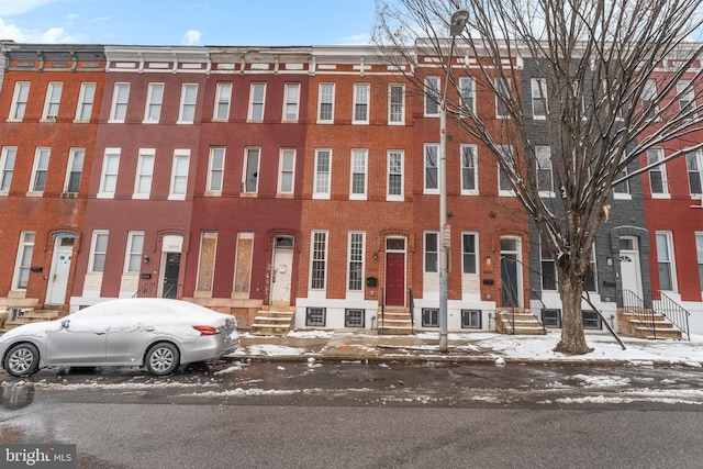 view of snow covered building