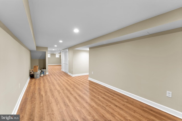 basement with light wood-type flooring