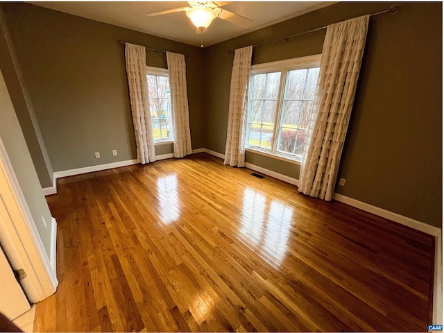 empty room featuring ceiling fan, plenty of natural light, and wood-type flooring