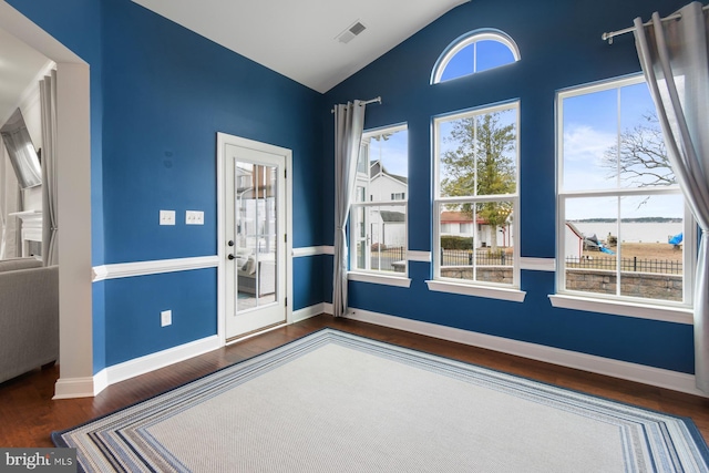 interior space with vaulted ceiling and dark wood-type flooring