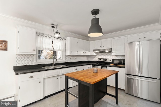 kitchen with white cabinetry, sink, hanging light fixtures, and appliances with stainless steel finishes