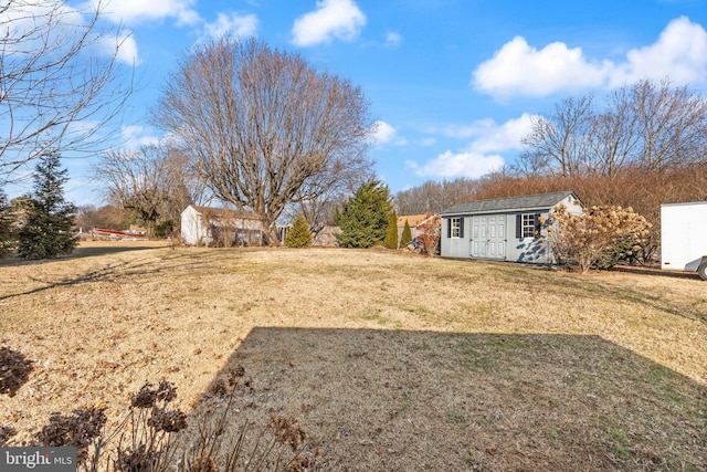 view of yard featuring a storage unit