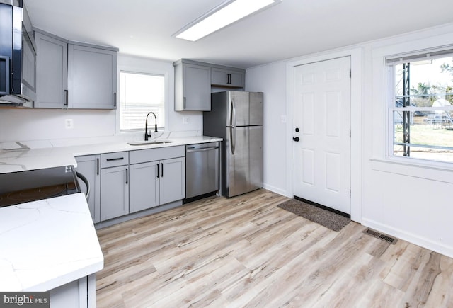 kitchen with plenty of natural light, gray cabinets, stainless steel appliances, and a sink