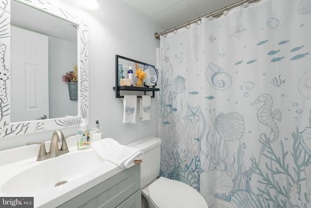 bathroom with toilet, a shower with curtain, and vanity