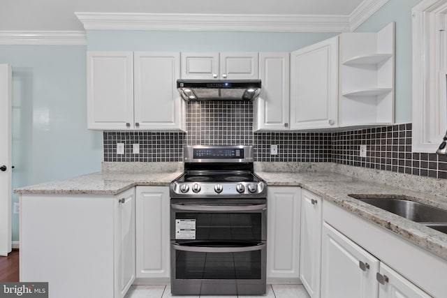 kitchen featuring white cabinetry, crown molding, under cabinet range hood, decorative backsplash, and double oven range