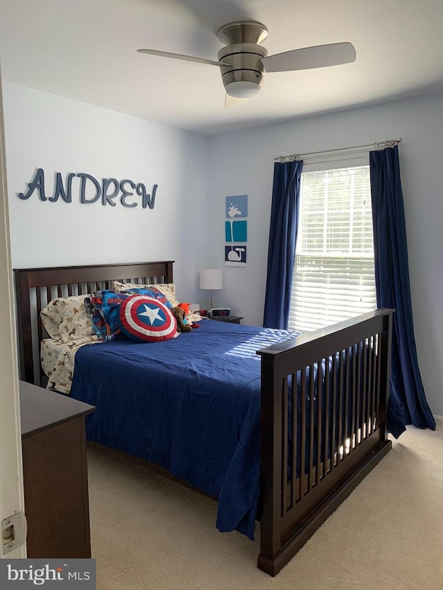 bedroom featuring carpet floors and ceiling fan