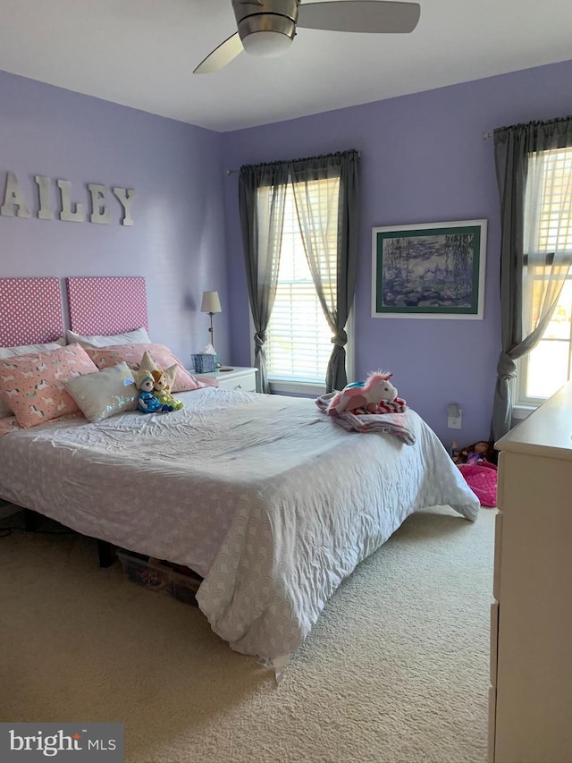 bedroom featuring carpet and ceiling fan
