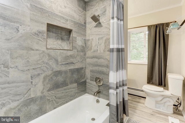 bathroom featuring shower / bathtub combination with curtain, crown molding, hardwood / wood-style flooring, baseboard heating, and toilet