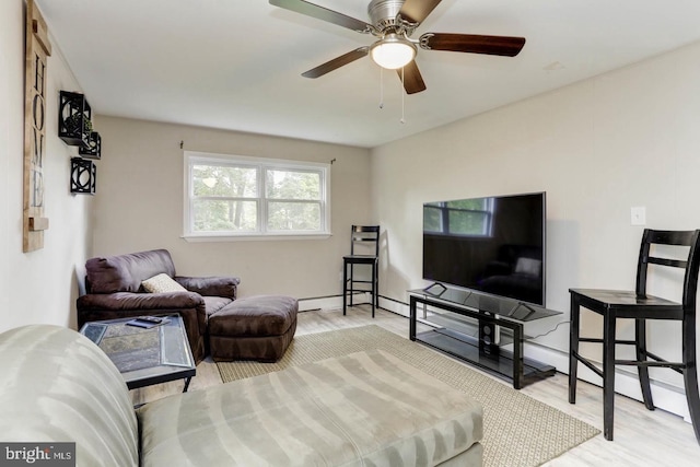 living room with ceiling fan and light hardwood / wood-style floors