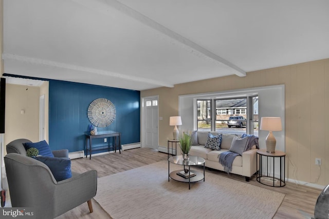 living room featuring baseboard heating, light hardwood / wood-style floors, and beamed ceiling