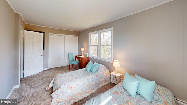 carpeted bedroom with crown molding, a baseboard radiator, a closet, and baseboards