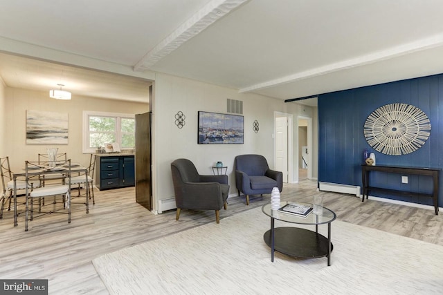 interior space featuring light hardwood / wood-style flooring, beamed ceiling, and baseboard heating