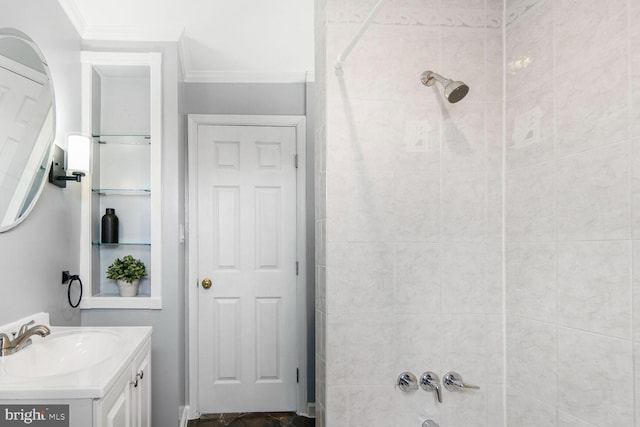 full bath with shower / washtub combination, crown molding, and vanity