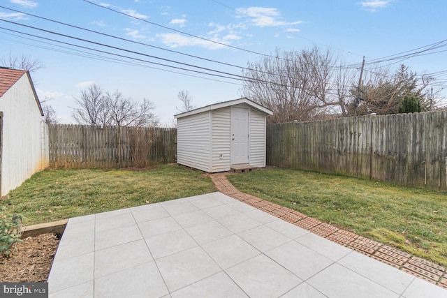 view of patio with a fenced backyard, an outdoor structure, and a storage shed