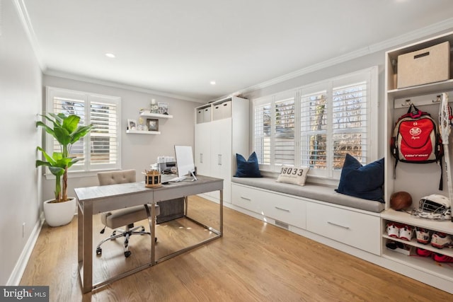 office with light wood-style flooring, ornamental molding, baseboards, and recessed lighting