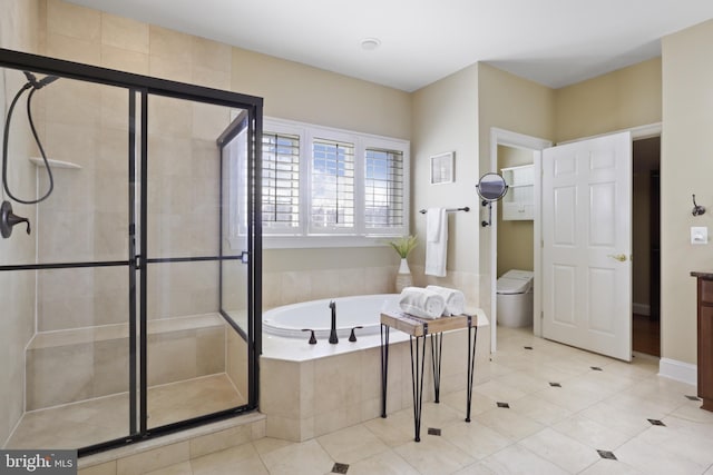 full bathroom featuring vanity, toilet, separate shower and tub, and tile patterned flooring