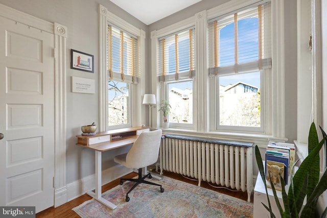 home office featuring plenty of natural light, radiator, baseboards, and wood finished floors