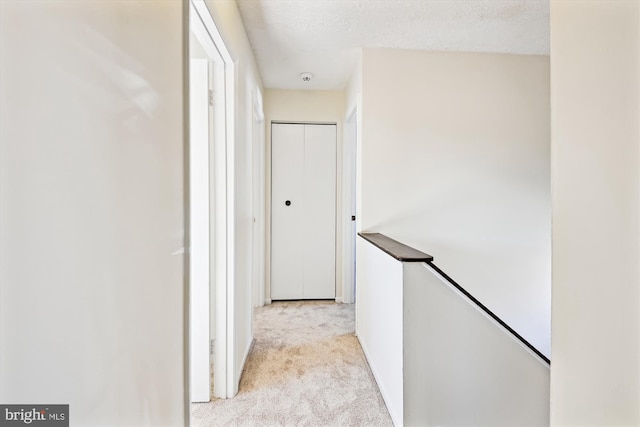 corridor featuring light colored carpet and a textured ceiling