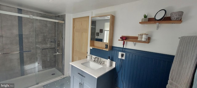 bathroom featuring vanity and walk in shower