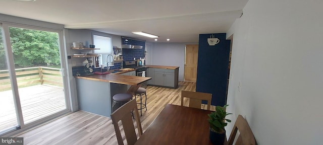 kitchen featuring wood counters, sink, decorative backsplash, kitchen peninsula, and light hardwood / wood-style flooring