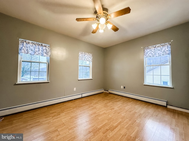 empty room featuring baseboard heating, ceiling fan, and light wood-type flooring