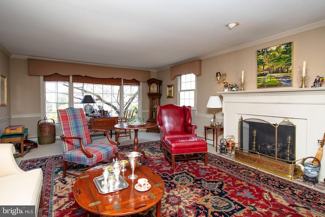 carpeted living room featuring crown molding