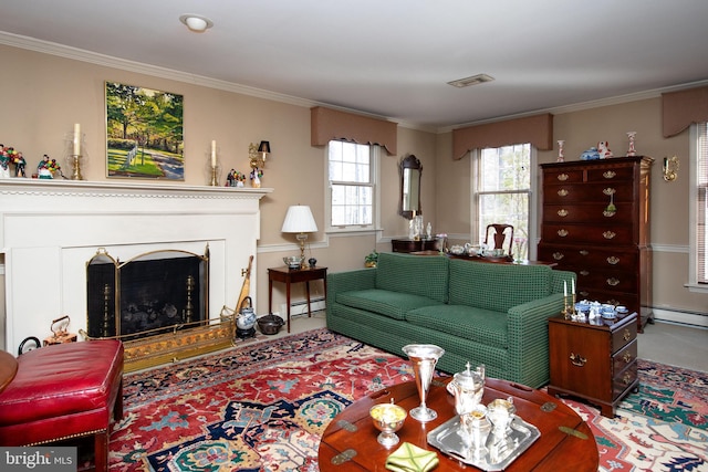 carpeted living room with a baseboard radiator and crown molding