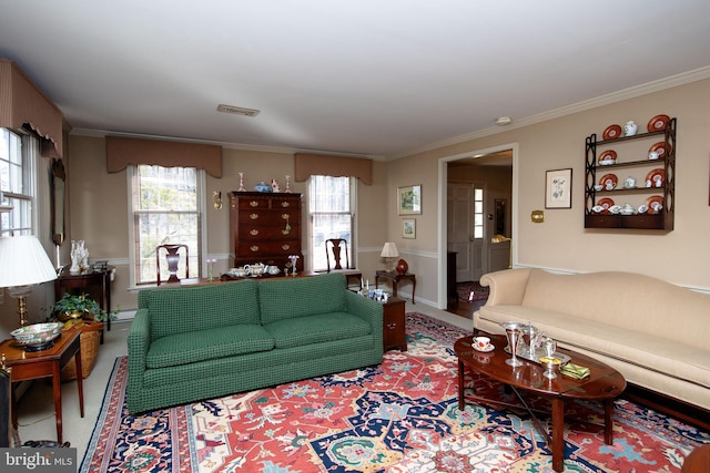 living room with crown molding