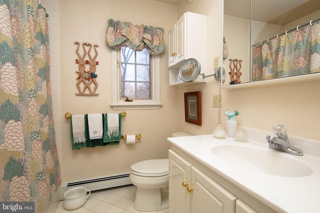 bathroom with tile patterned flooring, vanity, baseboard heating, walk in shower, and toilet