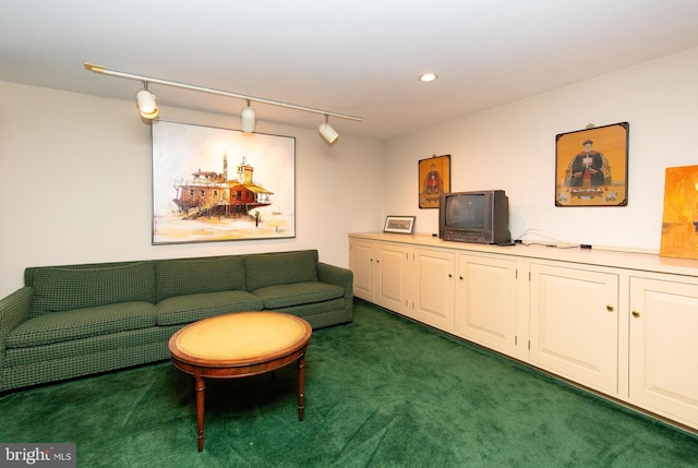 carpeted living room featuring track lighting