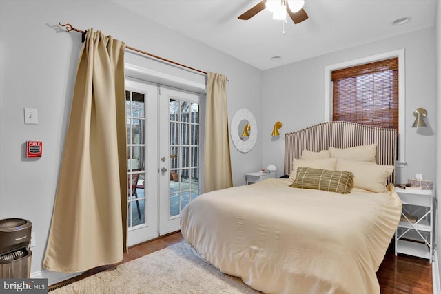 bedroom with french doors, ceiling fan, hardwood / wood-style flooring, and access to outside