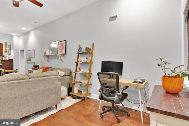 office featuring ceiling fan and wood-type flooring