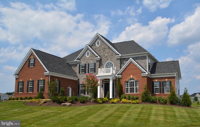 view of front of property featuring a balcony and a front lawn