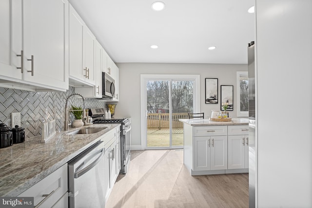 kitchen featuring sink, white cabinets, backsplash, stainless steel appliances, and light stone countertops