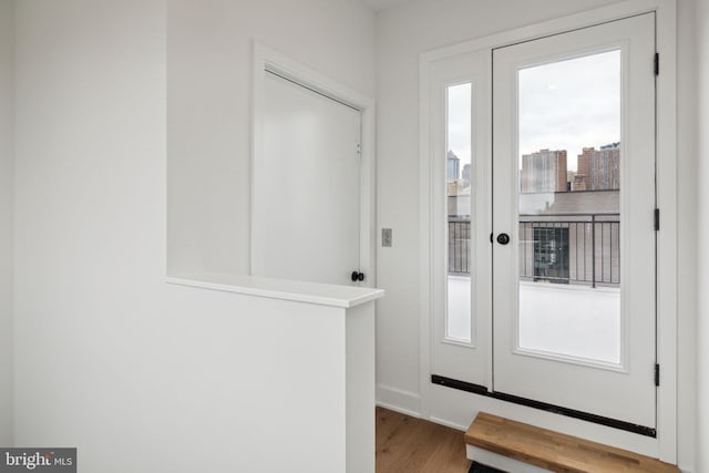 doorway to outside with wood-type flooring