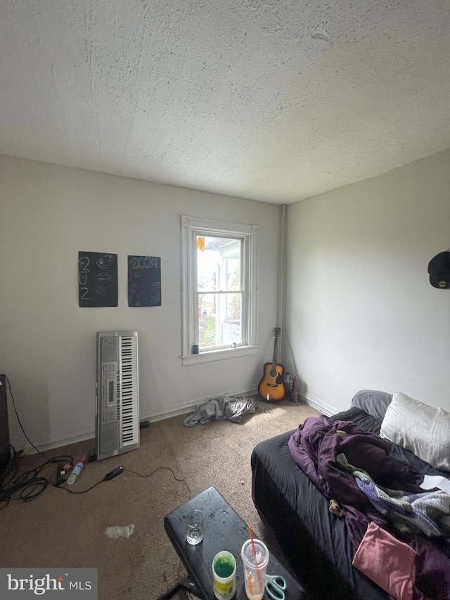 carpeted bedroom with a textured ceiling