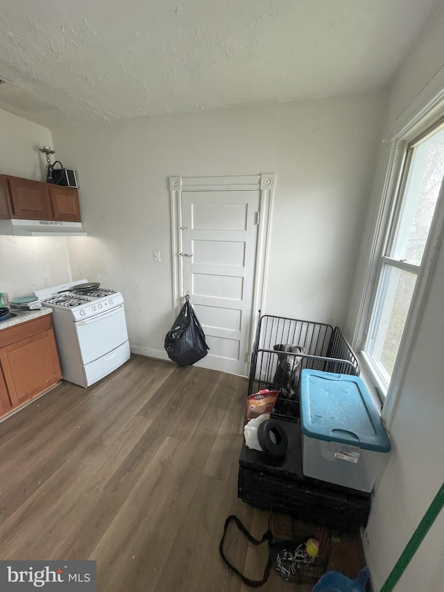 kitchen featuring wood-type flooring, white range with gas cooktop, and a textured ceiling