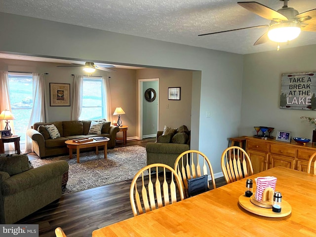 dining room with ceiling fan, dark hardwood / wood-style floors, and a textured ceiling