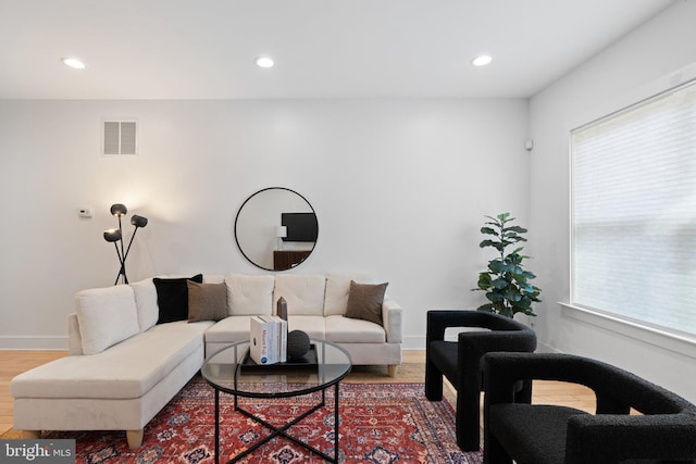 living room with plenty of natural light and hardwood / wood-style floors