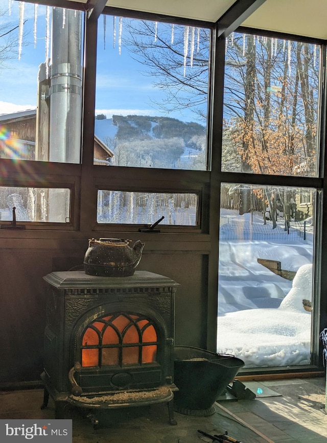 interior details with a wood stove