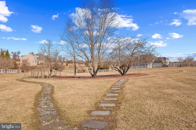 view of yard with a rural view and fence