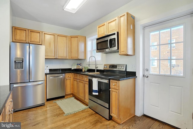 kitchen featuring appliances with stainless steel finishes, light wood-type flooring, and a sink