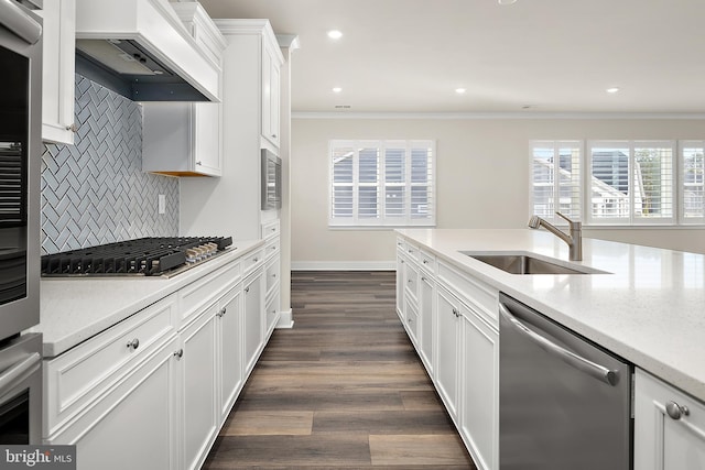 kitchen with custom exhaust hood, crown molding, stainless steel appliances, a sink, and dark wood-style floors