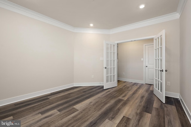 unfurnished room with french doors, ornamental molding, and baseboards