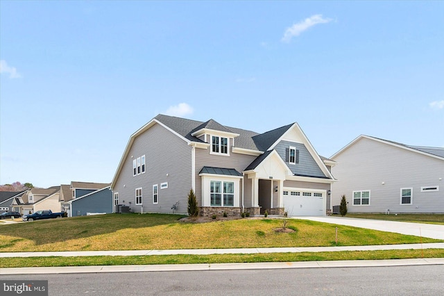 view of front of property featuring a standing seam roof, concrete driveway, a front lawn, metal roof, and central AC unit
