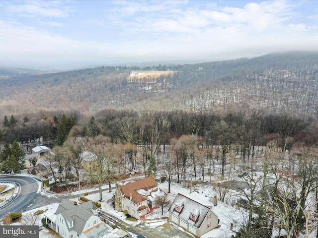 snowy aerial view featuring a wooded view