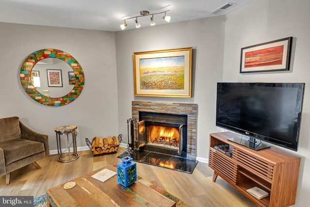 living room featuring a fireplace and light wood-type flooring